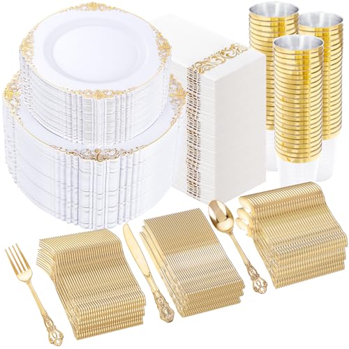 YOUBET 700PCS Gold Plastic Dinnerware Set - White and Gold Disposable Plates for 100 Guest - 200 Disposable Plates 300 Heavy Duty Plastic Silverware 100 Cups 100 Napkins for Wedding
