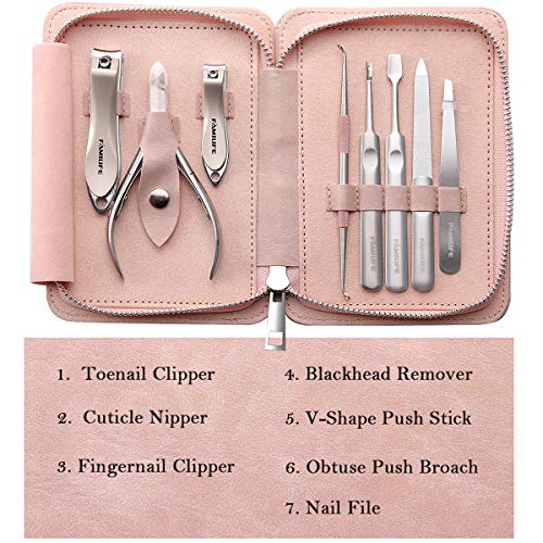 FAMILIFE Manicure Set, 8 in 1 Professional L13 Manicure Kit Nail Clipper Set Stainless Steel Pedicure Tools Kit Portable Grooming Kit with Pink Leather Travel Case for Women Girl
