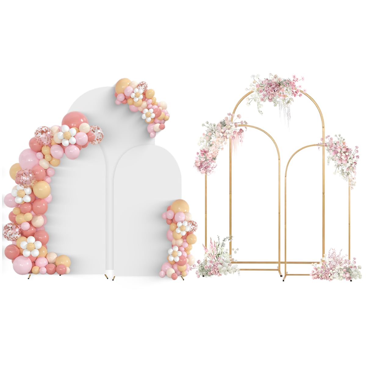 Photo 1 of SuuWoee Arch Backdrop Stand Set of 3 With Cover (7.2FT+6FT+5FT),Gold Metal Wedding Arch Balloon Stand With Cover for Birthday Party Baby Shower Graduation Ceremony Decoration
