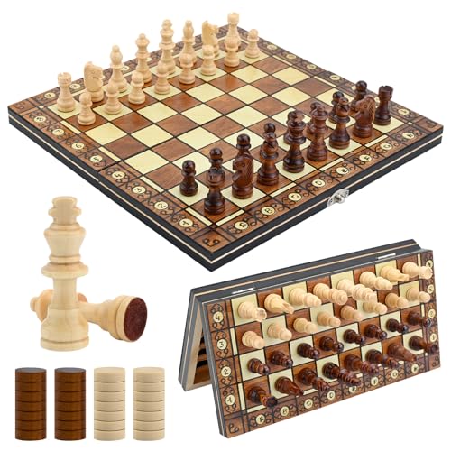 Xadrez magnético de madeira, 3 em 1 Magnetic Chess Game, 29 x 29 cm, conjunto de xadrez dobrável, tabuleiro de xadrez de viagem com ranhuras de armazenamento para viagens e festas, presentes, para