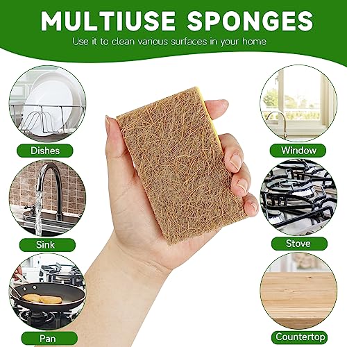 Image of 10 Pack Biodegradable Natural Sponges Kitchen - Compostable Cellulose and Coconut Walnut Scrubber Sponge - Eco Friendly Sponges for Dishes