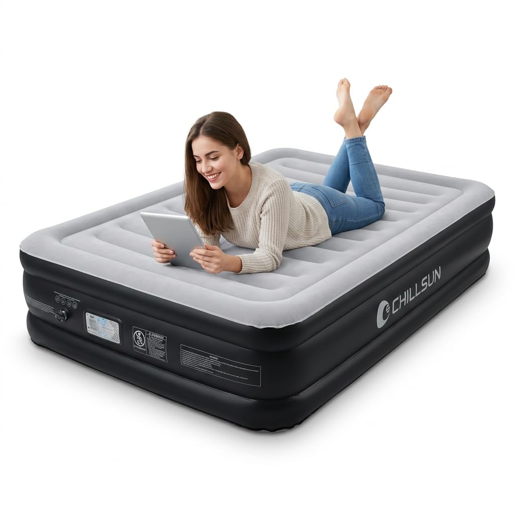 CHILLSUN Single Airbed, Inflatable Air Mattress with Built-in Pump, Flocked Surface Guest Blow Up Bed for Home & Camping 190x100x46cm