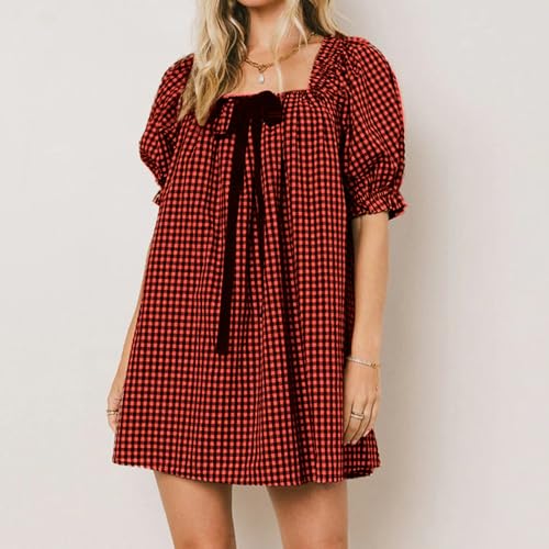 Image of Women Y2k Puff Sleeve Babydoll Dresses Square Neck Tie Back Mini Dress Summer Solid Off Shoulder Flowy Sundress