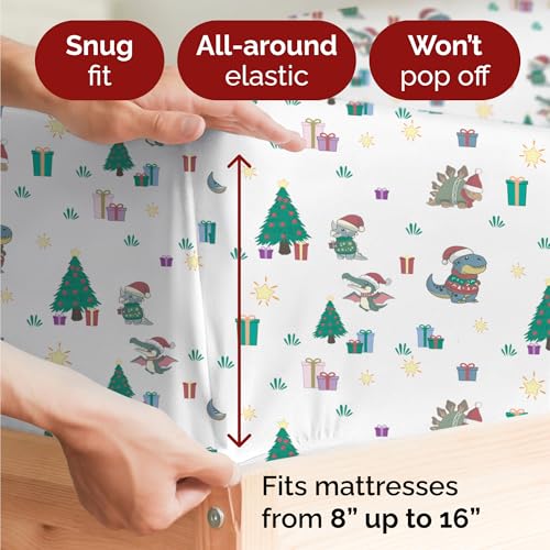 Split King Christmas Dinosaurs Sheet Set - Holiday Xmas Pattern Bedding Set - Deep Pockets - Snug Fit - 5 Piece - Wrinkle Free & Cozy - Festive Winter - Holiday Sheets for Women, Men, Kids and Teens
