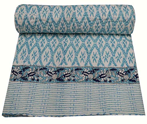YUVANCRAFTS Indian Hand Block Print Kantha Quilt Hnadmade Twin Size Pure Cotton Single Kantha Throw Blanket Bedspread Gudari