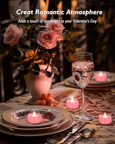 Image of merrynights Flameless Candles, 12 Pack Tea Lights Candle Battery Operated, LED Tealight Votives, Realistic Tea Lights for Wedding Christmas Party Home Decor -D 1.5 inch x H 1.25 inch -Pink Light