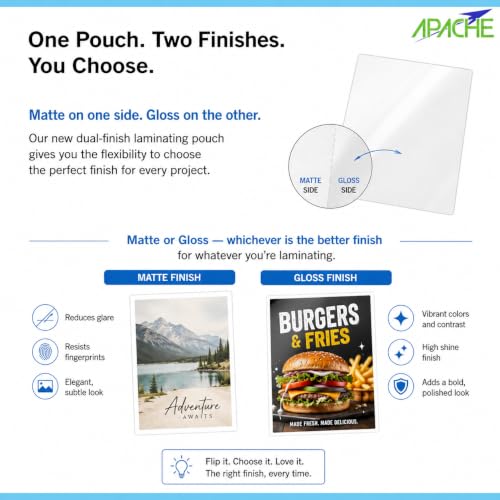 Image of Apache Letter Size Matte-Gloss Laminating Pouches, 5 Mil, 15 Pack, Holds 8.5 x 11 Inch Projects (9x11.5 inch Pouch Size), Thermal Laminator Laminating Sheets, Clear, Round Corners, Elite Specialty Line