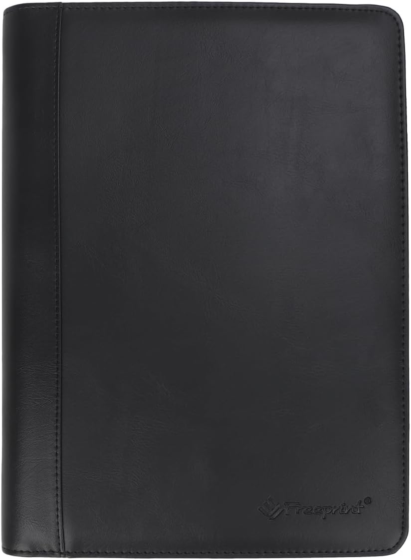 Zippered Portfolio Binder 3 Ring with Writing Pad Legal Size Letter - PU Leather Professional Padfolio Folder for Interview Business, Black