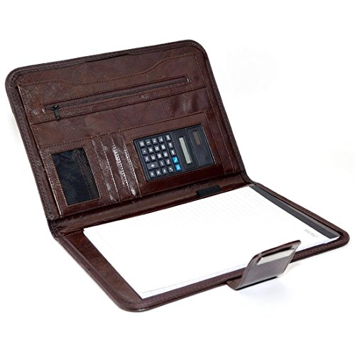 Brand Bucket Unisex Paper Folio Presentation Conference Leather Notebook File Folder with Calculator and Stationary Writing Memo Pad, A4 (Brown)