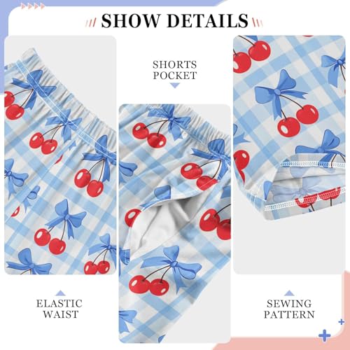 Pajama Pants Sleep Pants Soft Elastic Waist Pajama Lounge Pants Cherry Blue Bow Grid for 6-14 Years Old4