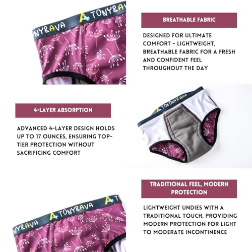 Tony & Ava Teen Incontinence Underwear for Girls – Bikini Brief Pull Ups, Reusable, Sensory-Friendly, 2-Pack Dandelion Print (Size Large, 140–155 lbs), Daytime Protection Purple2