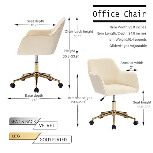 Henf Velvet Office Chair, 360° Swivel Chair Home Desk Chair Tufted Vanity Chair With Elegant Gold Base, Soft Small Task Chair For Kids Student, Living Room Bedroom Furniture (Style10-Beige) #TOP5