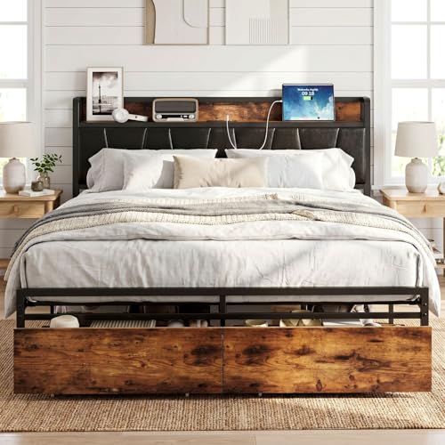 Image of LIKIMIO Queen Bed Frame, Storage Headboard with Charging Station, Platform Bed with Drawers, No Box Spring Needed, Easy Assembly, Vintage Brown and Black