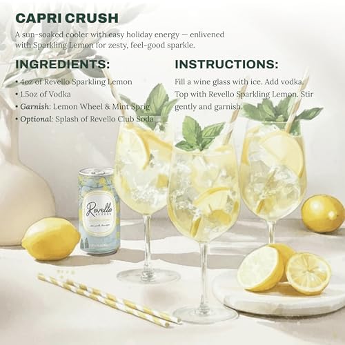 Image of Revello Mixers Sparkling Lemon - Mixer Infused with Electrolytes, Antioxidants, Vitamins & Minerals - Low Sugar & Calories - Premium Beverage for Crafted Cocktails & Mocktails - 8 fl oz (Pack of 4)