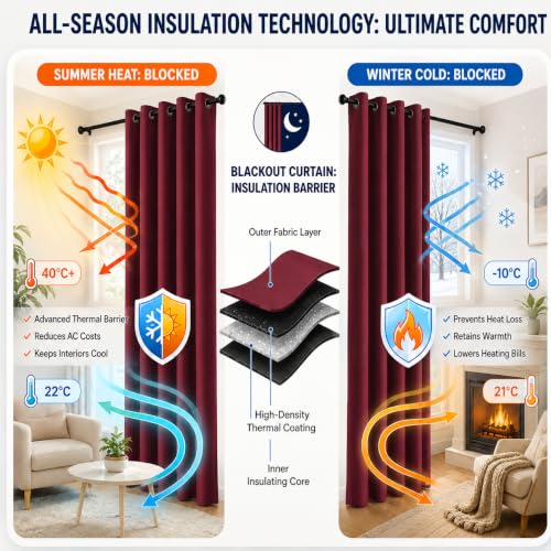 Image of 100% Blackout Window Curtains, 7 Feet, Solid Design, Faux Silk, Thermal Insulated, Noise Reducing Eyelet Door Curtain with Tie Back for Living Room & Bedroom, 115x210cm, Pack of 2 - Maroon