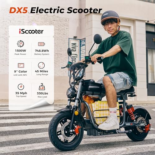 iScooter Adults Electric Scooter with Seat, 1500W Motor, 35MPH Top Speed,45 Miles Long Range,15" 3.0" Vacuum Pneumatic Tires, Hydraulic Disc Brake,Dual Suspension, Commuter Escooter with Basket & Bag - image 2