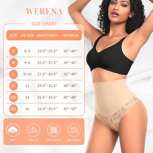 Image of Werena Tummy Control Thong Shapewear for Women Mid High Waisted Body Shaper Underwear Lace Shaping Thong Girdle Panties