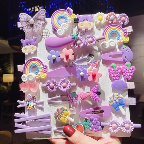 Image of Giggles Boo 28 Pcs Korean Style Hair Clips Set for Girls & Kids | Cute Rainbow, Fruit, Flower & Unicorn Designs | Metal Tic Tac Pins for Toddlers & Women | Pink, Purple, Yellow (2 Random Pack)