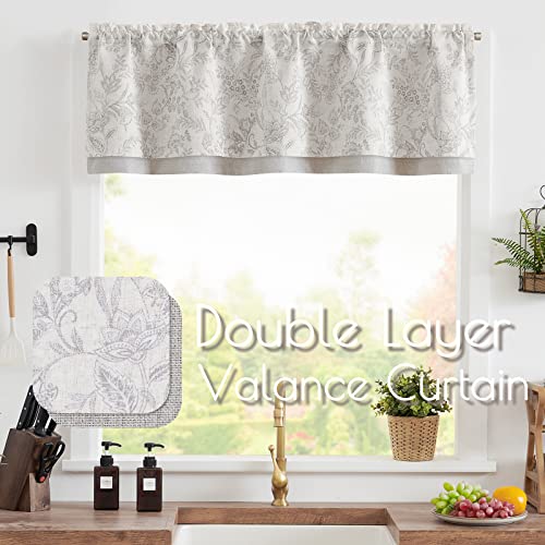 Jinchan Valance Curtain Kitchen Farmhouse Window Decor Valance For Living Room Linen Botanic Design Valance Double Layer Floral Printed Blackout Valance 16 Inch 1 Panel Rod Pocket Purple Grey On Beige #TOP1