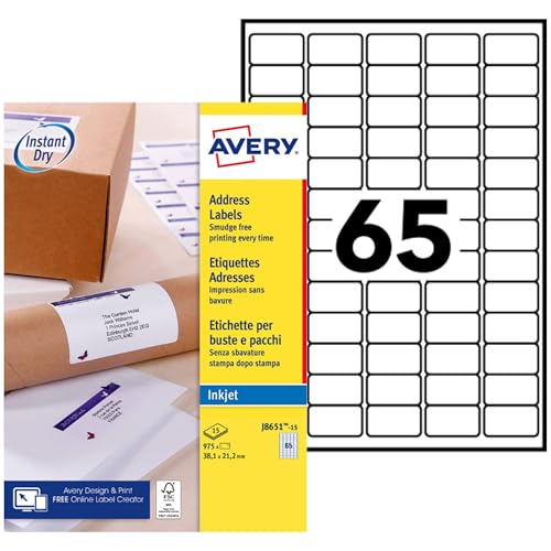 Avery Pochette de 975 Mini Étiquettes Adresse Autocollantes Blanches 38,1 x 21,2 mm Papier Jet d’Encre Étiquette Enveloppe Courrier Envoi et Organisation...