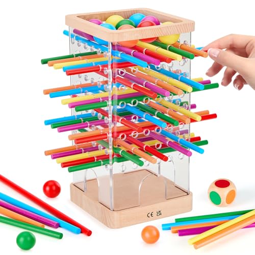 Montessori Spiel Brettspiel aus Holz, 48 Bunte Stäbchen Würfelspiel zur Feinmotorik & Mathe, Lernspiele ab 3 4 5 6 Jahre, Familienspiel Reisespiel für Kinder, Geschenk Jungen Mädchen ab 3 Jahre