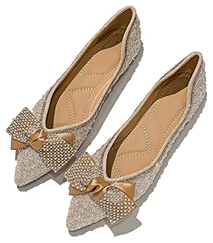 Stunner Women's Pearls Diamond Bowtie Pointy Toe Bling Dress Flat Shoes Soft Comfortable Wedding Ballerina Flats