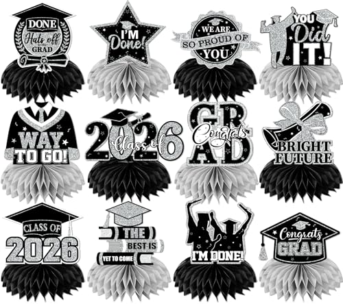 Image of 12pcs Graduation Table Decorations,Black Silver Graduation Decorations 2026 Graduation Centerpieces for Tables,Class of 2026 Centerpieces Honeycomb for Congrats Grad Table Decor(Black)