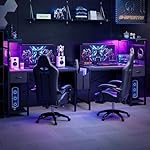 Gaming Desk 47 Inch with Power Outlet and LED Light, Computer Desk with Reversible Shelves and Storage Drawer, Pc Small Desk for Home Office Table with Bag, Carbon Fiber Black - Image 4