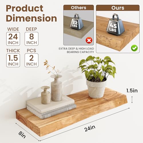 Image of Acovy Extra Deep 24 /32 /36 /40 /48 /55 /72 inch Live Edge Rustic Floating Shelves for Wall, Solid Elm Wood Wall Shelves for Living Room Bathroom Bedroom Kitchen, Natural