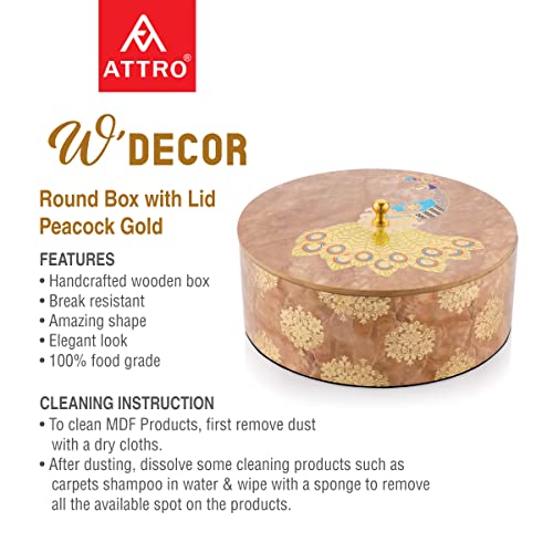 Image of Attro Peacock Gold Designer Wooden Lid Round Multipurpose Box for Kitchen Storage, Chapati, Chocolate