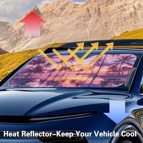 Image of Palm Tree Sunset Car Windshield Sunshade Car Interior Accessories for Sun Heat Foldable Sun Shade Keeps Vehicle Cool Fit Most Auto Truck Van SUV (66.53 x 34.44 in)