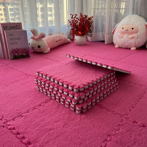 ZSRedHong Interlocking Carpet Shaggy Soft EVA Foam Mats Fluffy Area Rugs Protective Floor Tiles Exercise Play Mat for Children Kids Room Home Parlor Bedroom 12 pcs (Rose, 12)