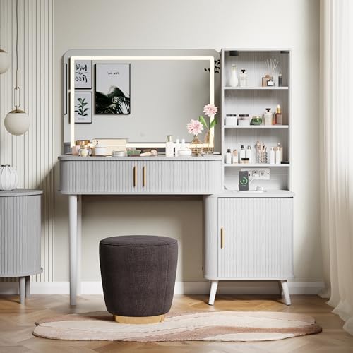 Image of 51 inch Fluted Makeup Vanity Desk with 4 Drawers & Adjustable Shelves,Dressing Table with Mirror and Lights, Large Vanity with Glass Top and Power Outlet for Bedroom (White)
