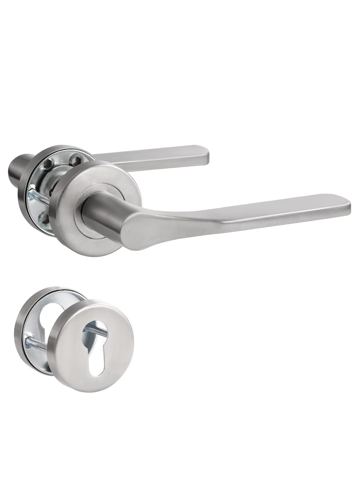 SORWDUERM Nickel Door Handle Set, Matte Brushed Stainless Steel, L Shape Round Rosette PZ Profile Cylinder for Front & Interior Doors