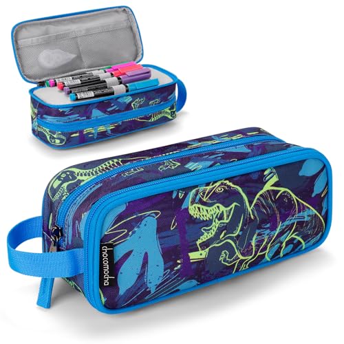 Image of Choco Mocha Boys Pencil Case for Kids, Soft Large Zipper Pencil Pouch for Boys with 2 Compartments Boy Pencil Case for School Dinosaur Pencil Bag, Navy Blue