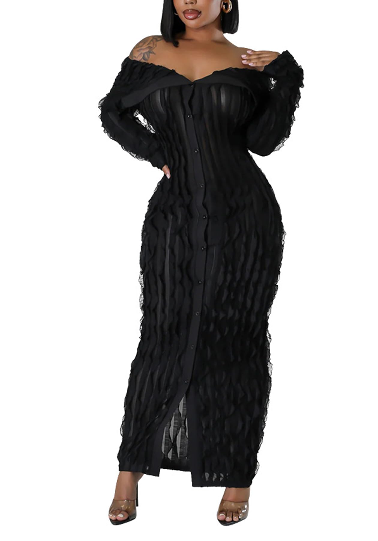 Women's Maxi Off Shoulder Dress Long Sleeve Button Down Ruffle Mesh Bodycon Sexy Dresses Stretchy