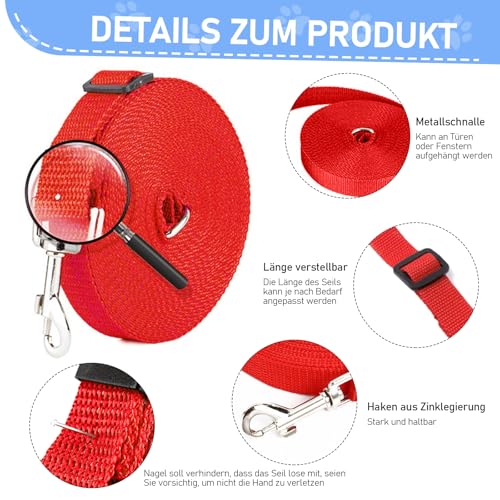 Hurifeng Schleppleine 10m für Hunde – Robuste Hundeleine für Training & Outdoor – PP-Material mit Zinklegierung D-Karabiner – Für Kleine bis Große Hunde (Rot)