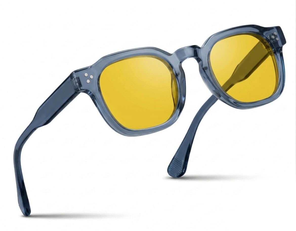 Anemxer Night Driving Sunglasses, HD Vision, UV Protected, Transparent Bluish Grey, Round Frame, Anti Glare, for Bike Riding and Car Driving