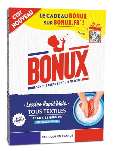 Bonux – Lessive Poudre Rapid’Main – Nettoie en Profondeur à la Main – Pour Linge Blanc et Couleur – Adaptée Aux Peaux Sensibles – 450g