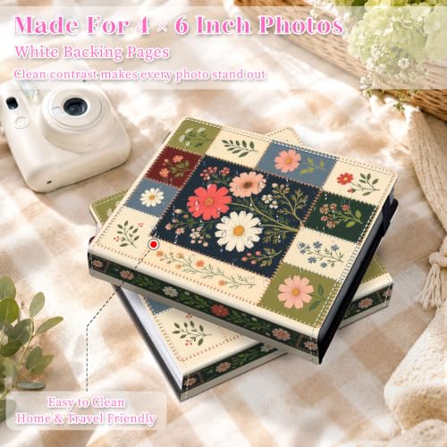 Image of Photo Album 4x6 120 Pockets Patchwork Wildflower | 120 clear 4x6 photo pockets, strong elastic band, compact album, family travel wedding use, patchwork wildflower cover