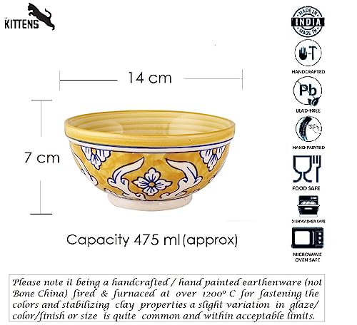 Image of KITTENS Handpainted Ceramic Snack Bowl Set of 2 - Yellow 400ml | Large Multipurpose Bowl for Salad, Pasta, Snacks | Microwave & Dishwasher Safe | Food Grade | Made in India