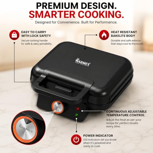 Image of Warmex 3 In 1 1000W Electric Bread Toaster Grill Sandwich, Waffle Maker Machine With Non-Stick Coating Removable Plates | Auto Shut-Off from 100C to 230C Temp Control Opens to 180, BPA & PTFE Free