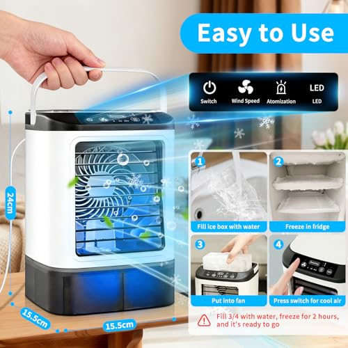 Mini Air Conditioner - 2026 New 4 Speeds Portable Air Conditioner with Ice Cubes Mold/2 Mist Modes/900ML Tank/7 Colors LED Light - Evaporative Air Coolers Fan for Home/Bedroom/Car/ image 5