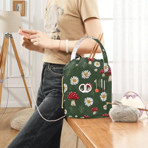 Image of Tatenale Crochet Bag Yarn Bag Knitting Project Bag with Pockets and Handle Portable Yarn Storage Organizer Tangle Free 8.3x11 InchBoho Mushroom Daisy Green08