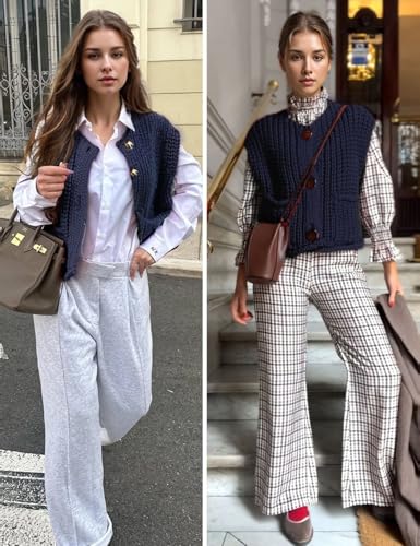 Image of Wyeysyt Womens Sleeveless Crop Knit Cardigan Casual Button Down Cropped Knitted Sweater Vest with Pockets(Navy-L)