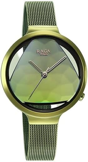 Titan Raga Moments of Joy Quartz Analog Green Dial Metallic Green Stainless Steel Strap Watch for Women - NT95134QM01