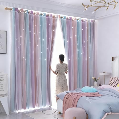 AOWELLOW Pink Purple Star Blackout Curtains 63 Inch Length 2