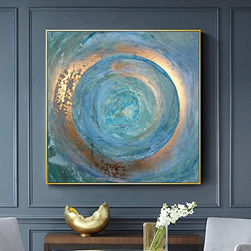 Art abstrait bleu or KEBIA : toile murale moderne de 60x60cm sans cadre pour salon