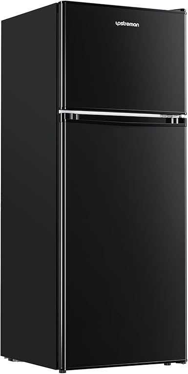 Upstreman 4.0 Cu.Ft. Mini Fridge with Freezer, Dorm Essentials, Double Door Small Refrigerator for Office, Dorm, Bedroom, Adjustable Thermostat, Large Capacity, Black-BR401
