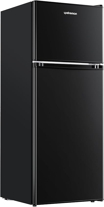 Upstreman 4.0 Cu.Ft. Mini Fridge with Freezer, Dorm Essentials, Double Door Small Refrigerator for Office, Dorm, Bedroom, Adjustable Thermostat, Large Capacity, Black-BR401
